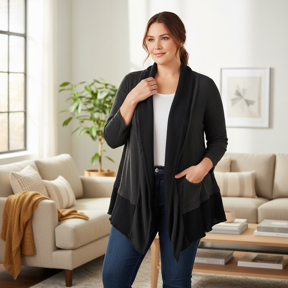 CYNTHIA ROWLEY 2X Gray Black Layered Ruffle Cardigan Sweater R $325